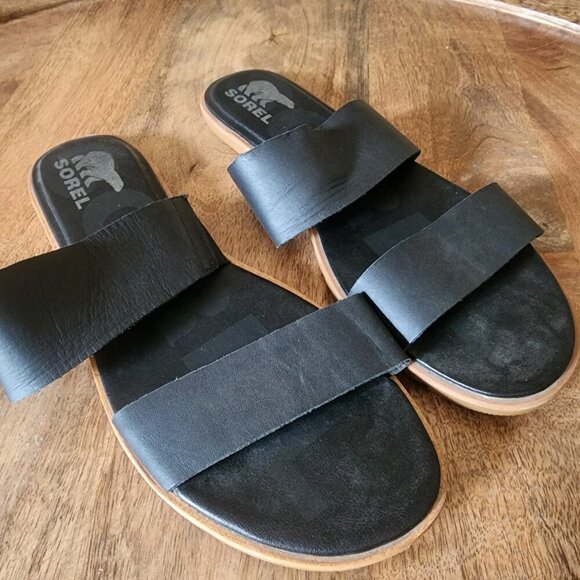 Sorel Ella II Flat Leather Slip-On Black Slide Sandals Womens Size 11 - Picture 6 of 11